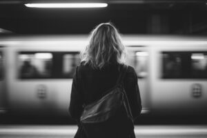 Vrouw staat met de rug naar de lens en kijkt naar voorbij razende trein.